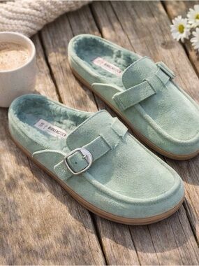 Birkenstock Buckley Shearling Mint Green Suede Slip-On Mule Clog Size 40